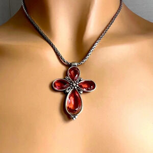 Brighton Pink & Silver Cross Necklace *Retired* Silver Plated chain.